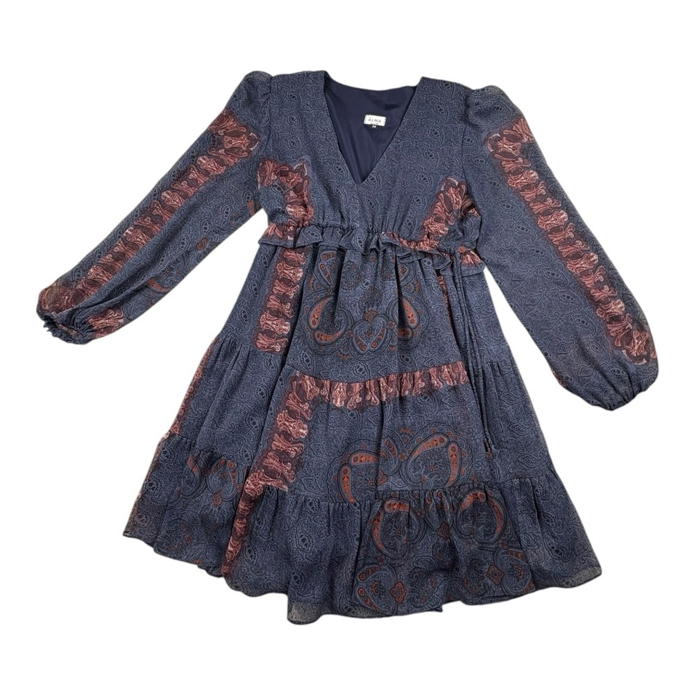ÁLMA Boho Paisley Mini Dress M Long Sleeve Tiered Lined Navy Pink